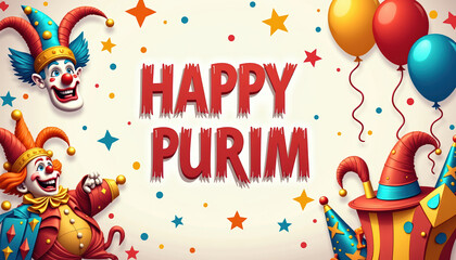 Bright Happy Purim banner featuring festive decorations and vibrant elements celebrating the joyous Jewish holiday.