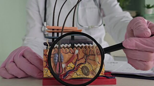 Study of human skin anatomy and magnifying glass. Causes of hair loss and trichologist with anatomy of hair follicles  concept 