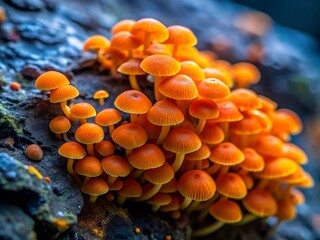 Vibrant Orange Fungi Cluster on Dark Jagged Rock Striking Close-Up of Nature's Textures and Colors.