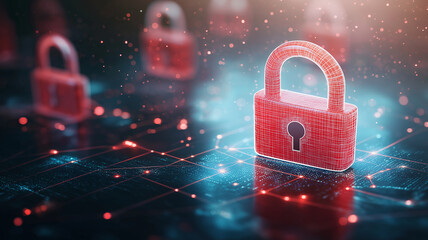 Digital padlock icon on glowing network background, symbolizing security and protection. vibrant red color enhances visual impact, representing safety in digital realm