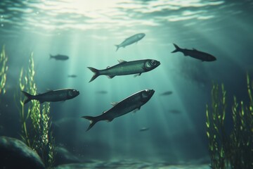 Obraz premium School of fish swimming under water of sea. School sardinella fish swims in underwater.
