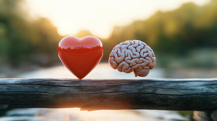 Fototapeta premium heart and brain symbolizing balance between emotions and intellect, set against serene natural background. This evokes contemplation and harmony