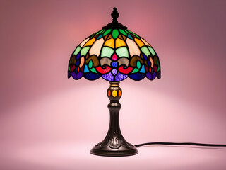 A cute Tiffany lamp with colorful stained glass and a small, rounded base, showcasing its intricate patterns and warm light, in a stunning art deco style, with a pastel color background