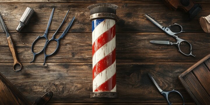 A classic barber pole with red, white, and blue stripes, surrounded by scissors and clippers on a wooden background. 