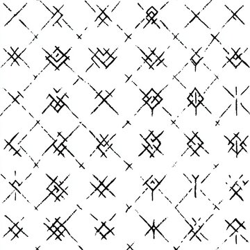 A black and white runic seamless pattern, showcasing Scandinavian gothic folk art with an ethnic Norwegian and Icelandic heritage, highlighting Viking runes and magical Pagan signs, including the