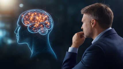 businessman contemplating ideas in front of abstract human head with glowing brain. image conveys deep thought and innovation in modern setting