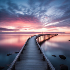 Fototapeta premium long wooden bridge endless horizon sunset pink purple hues serene tranquil natural beauty