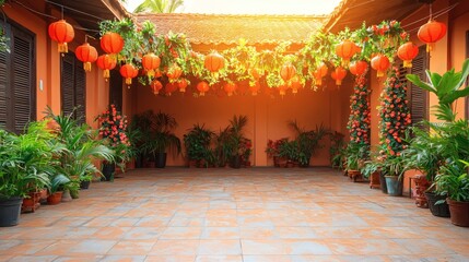 Thai temple courtyard adorned with hanging lanterns and floral decorations during Songkran peaceful and sacred atmosphere monks chanting prayers in the background Stock Photo with side copy space