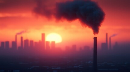 Obraz premium Chronic pollution harms air quality and public health. Factory silhouette against a colorful sunset with smoke emissions.