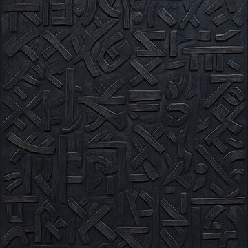 A black seamless pattern with white runes scrawled across it, showcasing Scandinavian gothic folk art. This ethnic Norwegian-Icelandic background includes Viking runes, mystical Pagan signs, and the