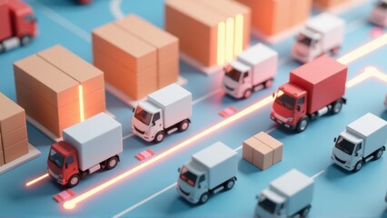 Efficient Logistics and Supply Chain Management 3D Render of Delivery Trucks and Cargo