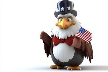 Obraz premium Friendly 3D Cartoon Bald Eagle Wearing a Top Hat as a Patriotic Symbol