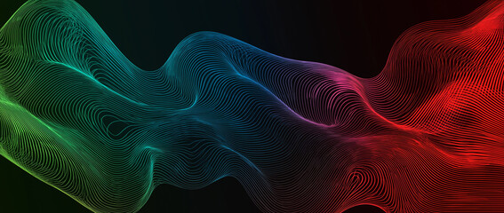 Fototapeta premium A vibrant gradient with red, green, and blue hues on a black background. Long, wavy color lines angle upwards to one side, forming a minimalist design with a grainy texture and dynamic visual impact