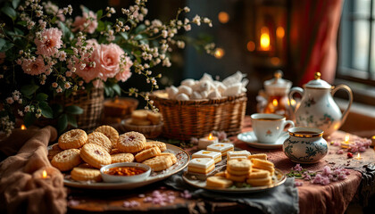 Rustic Tea Party: Delicate Cookies and Flowers in Warm Lighting