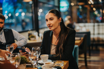 A group of business people having a thoughtful discussion over coffee in a cozy cafe setting. The ambient lighting and warm atmosphere create a welcoming environment for collaboration.