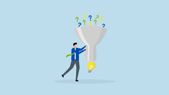Solving problem, 4k animation of intelligent entrepreneur utilizing funnel to derive answers from a question mark. 