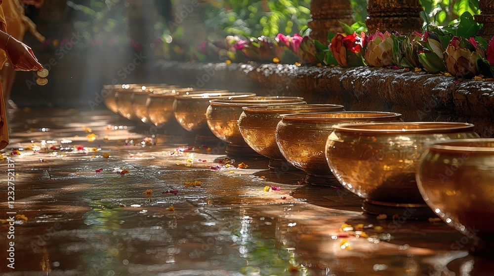 Aufkleber row of golden alms bowls lined up at a temple entrance soft sunlight creating a radiant effect on the metal surfaces hands of devotees dropping coins into the bowls Stock Photo with side copy space