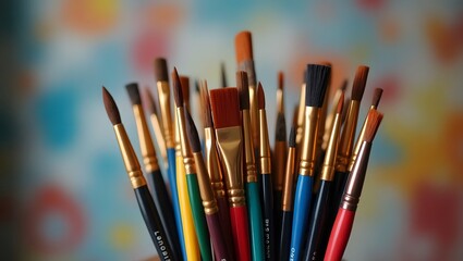 Bunch of colorful artistic paintbrushes in different sizes and shapes,, World art day, copy space