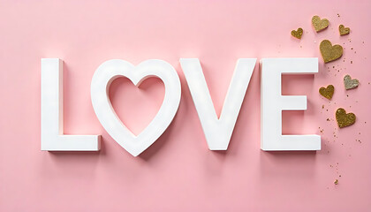 LOVE Text with Heart in O on Pink Background - Decorative Hearts and Sparkles