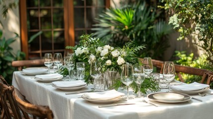 A beautifully set outdoor dining table on a patio with white linen, elegant glassware, and fresh flowers, surrounded by lush greenery, creating a refined and inviting atmosphere for a meal outdoors.