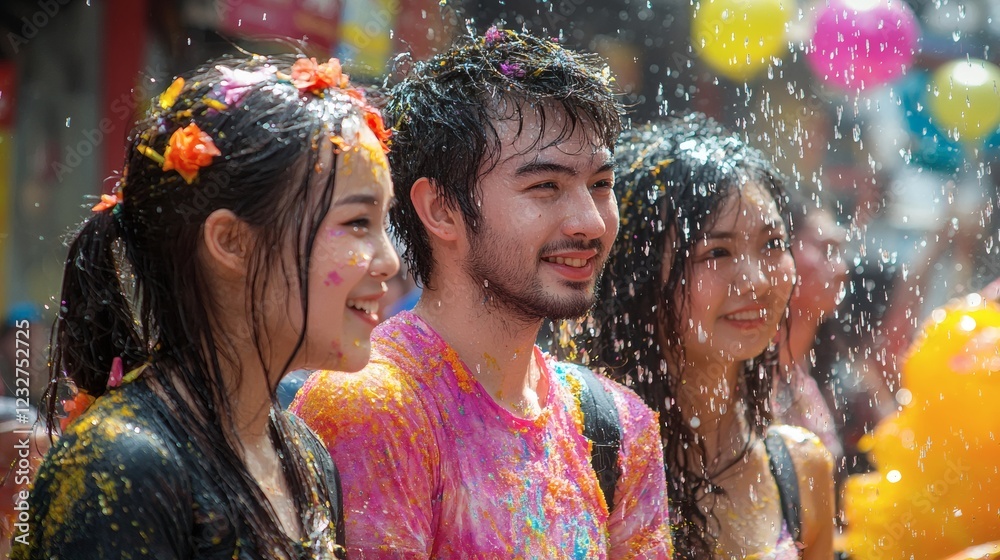 Poster group of tourists experiencing songkran for the first time shocked and excited expressions as they g