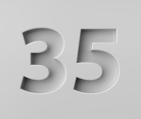 Sleek White Number 35 Thirty Five With Subtle Shadow Embossed Into Grey Background 3D Illustration