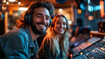 Obraz premium Smiling podcasters recording sound, collaborating together inside music recording audio studio