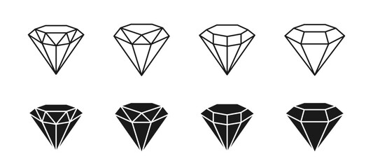 Diamond crystal vector icons.
Flat and outline diamonds crystals.