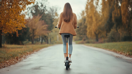 Young woman riding an electric scooter through a colorful autumn park on a cloudy day