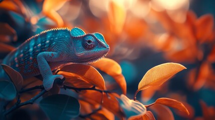 A close-up of a chameleon blending into its environment, showcasing its unique ability to change color against a backdrop of vibrant leaves and branches