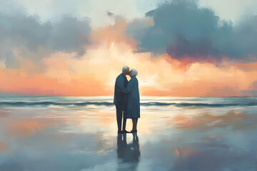 Elderly Couple Sharing a Sunset Kiss on a Quiet Beach  