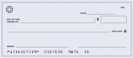 Blank monetary check. Bank draft. Gray blue checkbook template featuring a patterned design with empty fields. Currency payment slip, US dollar check background.