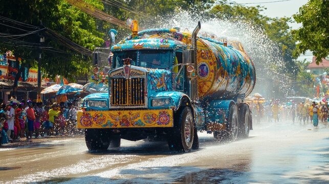 large truck carrying festival participants throwing water onto the crowd energetic and fun-filled street scene Songkran traditions and modern excitement combined Stock Photo with side copy space