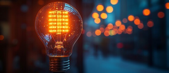 Illuminated vintage light bulb glowing warmly amidst a blurred city street at dusk