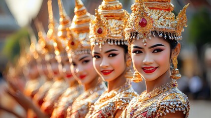 group of Thai dancers in colorful traditional attire performing at an outdoor festival synchronized movements intricate detailing on costumes vibrant cultural display Stock Photo with side copy space