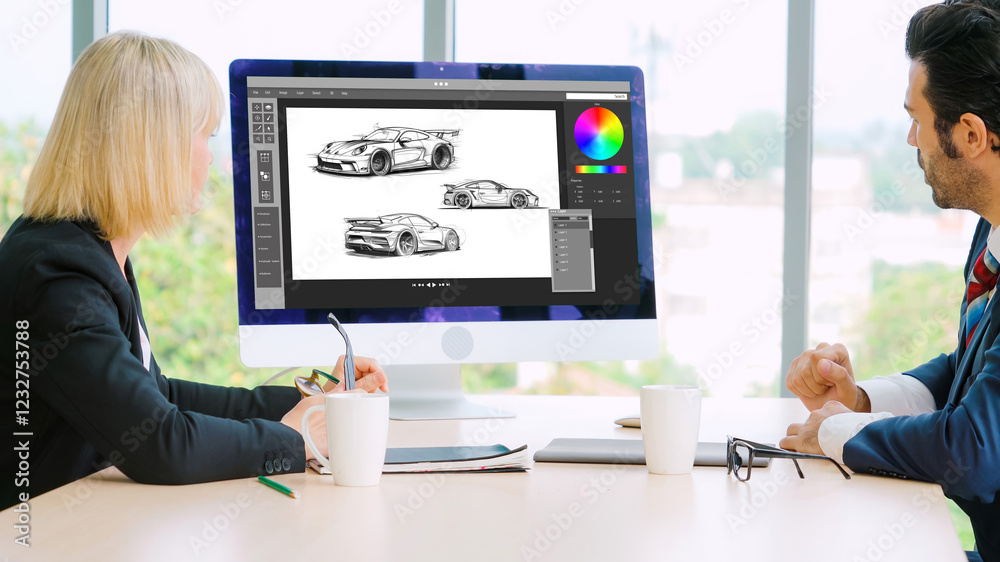 Poster electric car design software on computer screen showing simulation blueprint snugly by digital calcu
