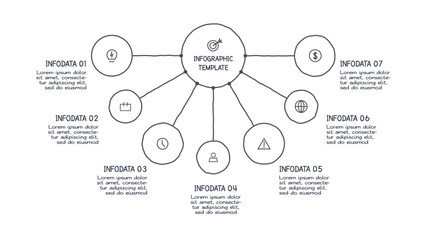 Doodle infographic elements with 7 options. Vector business template for presentation