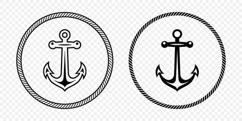 Black and White Anchor Icon Set. Flat Vector Monochrome Anchor Shapes in Circular Rope Frame. Nautical Anchor Symbols, Marine Rope Border Design. Vector Illustration