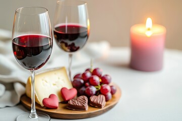 Elegant, minimalistic flat lay of two wine glasses with red wine, a cheese platter with grapes, heart-shaped chocolates, and a softly flickering candle in the background.