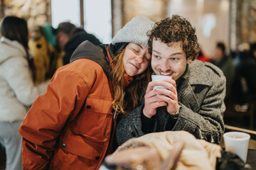 A close-up of a cheerful couple sharing a warm moment with cups of hot drinks, surrounded by a cozy crowd in a winter-themed setting. The scene radiates warmth, joy, and companionship.