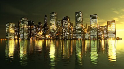Obraz premium Illuminated City Skyline Reflected In Calm Water