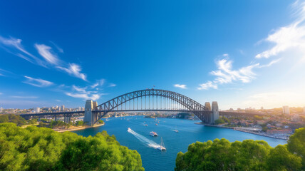 Naklejka premium wide angle shot of Sydney Harbour Bridge under clear blue sky, showcasing boats on water and lush greenery in foreground. scene captures vibrant atmosphere of Sydney
