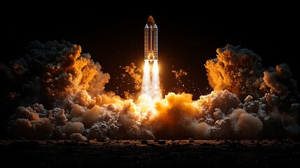 Rocket launching into space, surrounded by fiery clouds and smoke, night sky backdrop