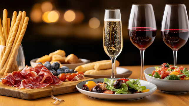 wooden table displays elegant charcuterie board with assorted meats, fresh salads, and fruits, complemented by glasses of red wine and sparkling beverage, creating festive atmosphere - Powered by Adobe