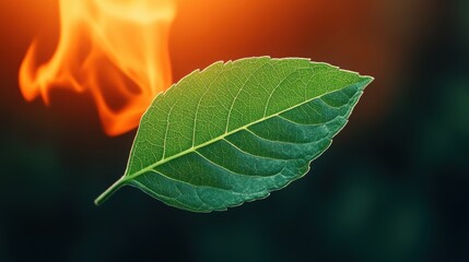 green leaf in front of fire and flames representing climate change and global warming