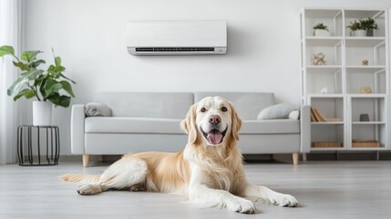 golden retriever dog in modern interior with air conditioner hanging on wall