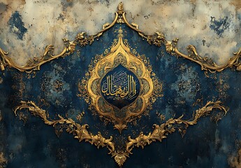 Fototapeta premium Ornate Golden Islamic Calligraphy on a Blue Marbled Background with Elegant Arabesque Designs