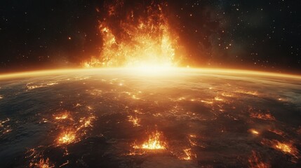 earth on fire, globe burning, flames and explosion, climate change and disaster concept
