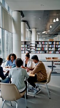 diverse students collaborating on a project in modern library 
