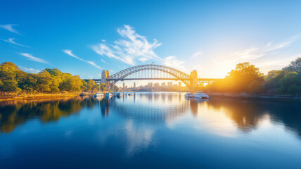 Obraz premium Beautiful view of Sydney Harbour Bridge on sunny day, reflecting in calm water. vibrant sky and lush greenery create serene atmosphere